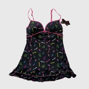 NWT Y2K Babydoll Black with Colourful Print Lingerie Slip Dress Nightie